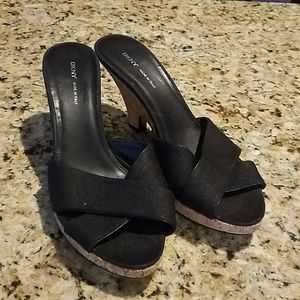 Black linen cork heel slides size 9